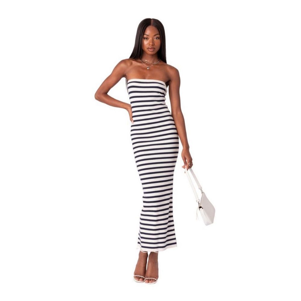 Edikted Striped Strapless Sweater Midi Dress with back Slit Size: XS